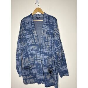 Blue Patterned Open-Front Women's Cardigan Sweater